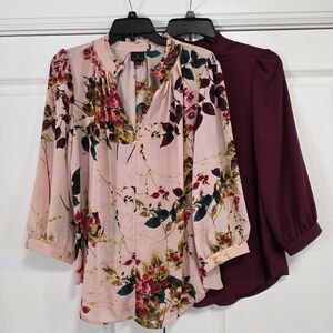 Two Worthington Flowy Chiffon Blouses Pink Floral And Wine Size Large